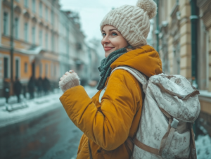 mulher vestindo roupa de inverno em um dia de eve, na cidade